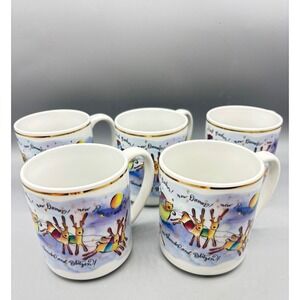 Rosanna Made in‎ Italy Christmas Holiday Santa Reindeer Gold Trim Mugs Set of 5